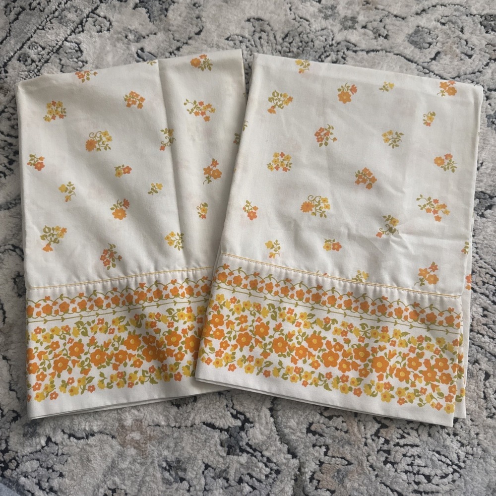 Vintage Pillowcases Montgomery Ward Yellow Orange Floral Muslin Cotton